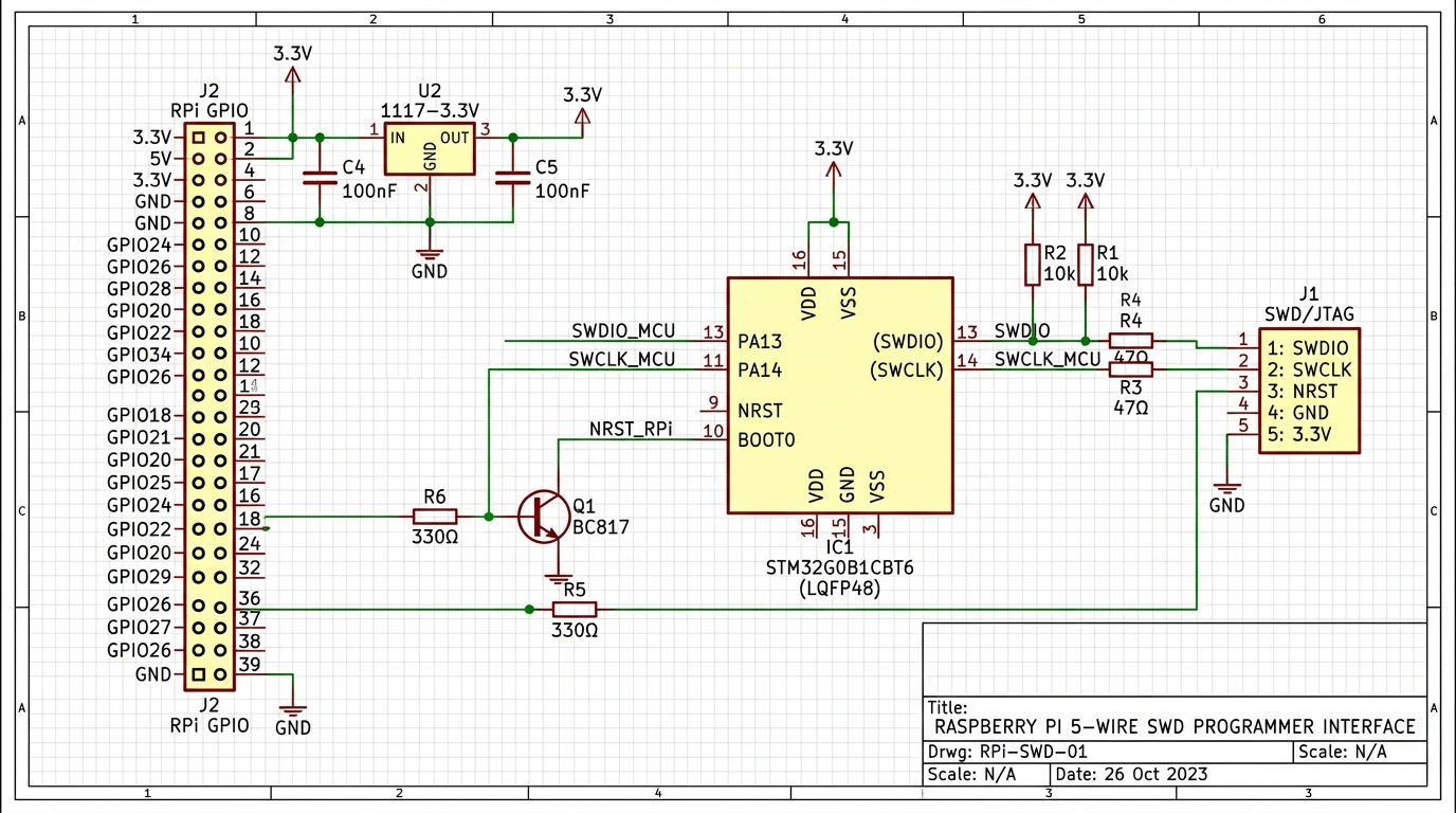 KiCAD EDA Engineering Circuit Schematic Diagram for 5-Wire SWD Debugger