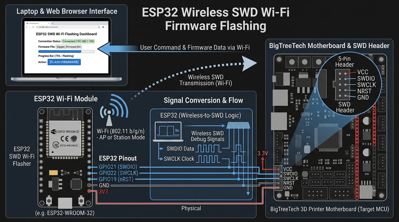ESP32 Wireless SWD Wi-Fi Firmware Flashing Architecture Diagram